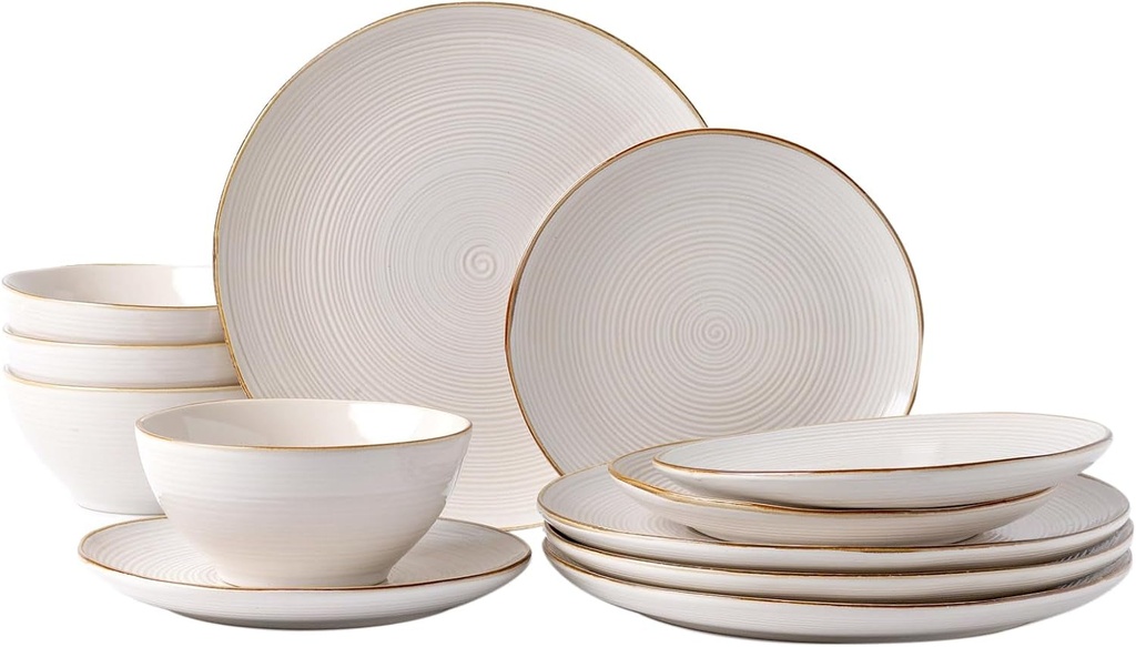 Famiware Plates and Bowls Sets for 4, 12 Pieces Stoneware Dinnerware Sets, Dishes Set, Reactive Glaze Dishware Sets, Dishwasher & Microwave Safe, Tempus Series - Antique White