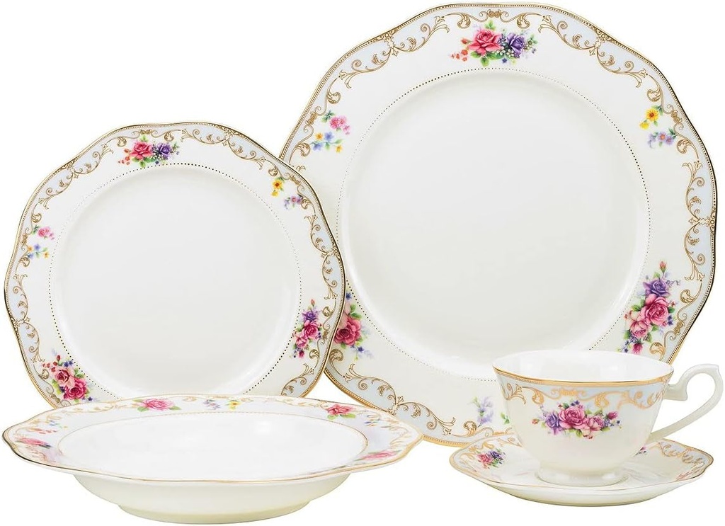 Royalty Porcelain White Set with Tiny Flower Ornament 20 Pc, Bone China Porcelain, White, Pink