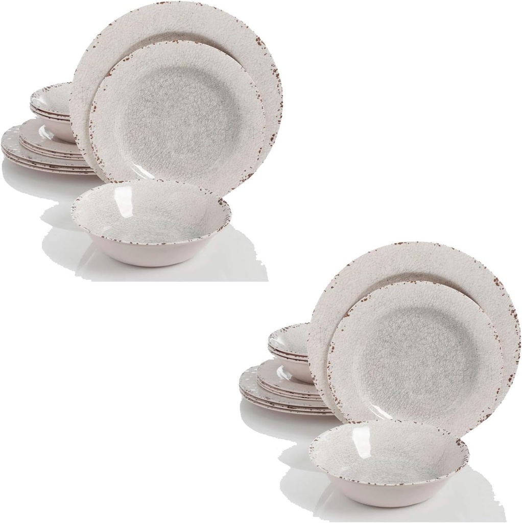 Gibson Studio California Mauna Elegant 12-Piece Durable Chip Resistant Melamine Dinnerware Set with 4 Dinner Plates, 4 Dessert Plates, and 4 Bowls, Ice (2 Pack)