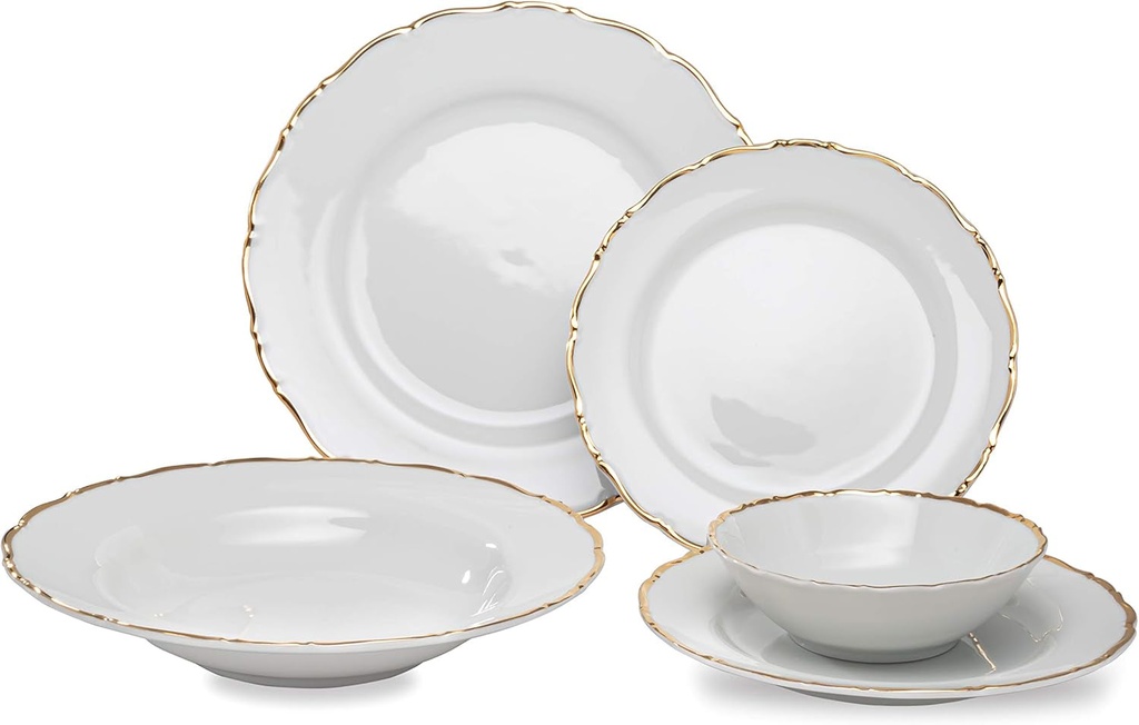 Ocean Décor China Dinnerware Set: Set of Fine Porcelain Dishes - Service for Four - White and Gold Dishes Set for Entertaining and Formal Use - 20 Piece Fine China Dishware Sets