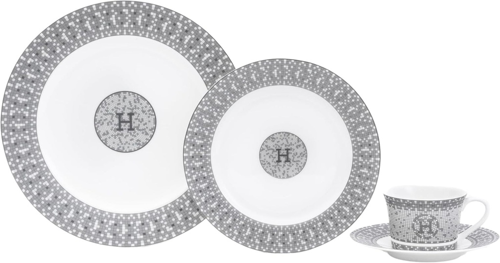 Dinnerware Set for 4-16 Piece Porcelain Dishes - Gorgeous White and Silver Intricate Geometric Mosaic Design - Premium Kitchen Set - for Everyday Use and Formal Occasions (16 Piece Set)
