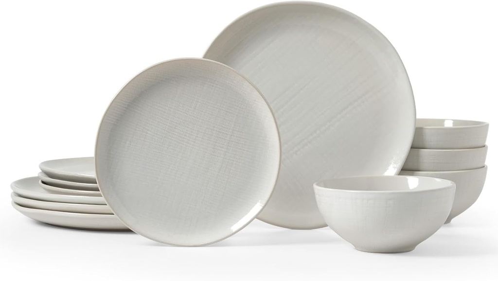 Famiware Moonlight Plates and Bowls Sets, 12 Pieces Stoneware Dinnerware Set with Linen Finish, Handmade Dishware Set for 4, Microwave and Dishwasher Safe, Chip and Scratch Resistant, White