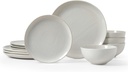 Famiware Moonlight Plates and Bowls Sets, 12 Pieces Stoneware Dinnerware Set with Linen Finish, Handmade Dishware Set for 4, Microwave and Dishwasher Safe, Chip and Scratch Resistant, White