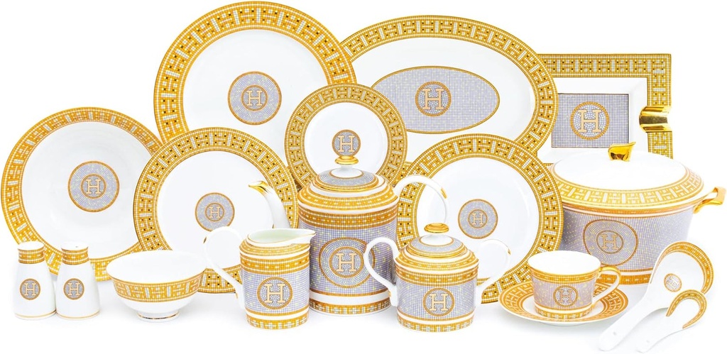 Dinnerware Service for 6 - Luxurious 58 Piece Porcelain Dish Set - Geometric Design with Hand Painted Gold Accents - Includes Plates, Bowls, Cups, and Serving Pieces - for All Occasions