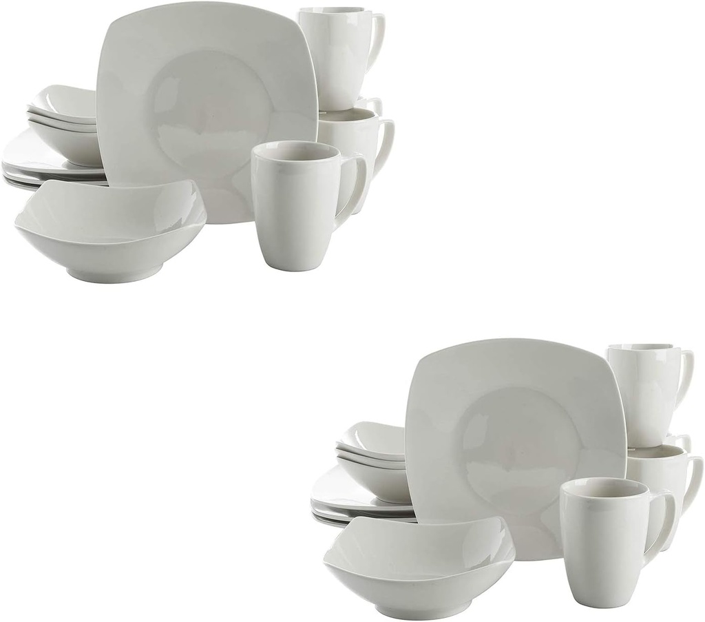 Gibson Home Zen Buffetware Versatile 12 Piece Square Dinnerware Dish Set with Multi Sized Plates, Bowls, and Mugs, White (2 Pack)