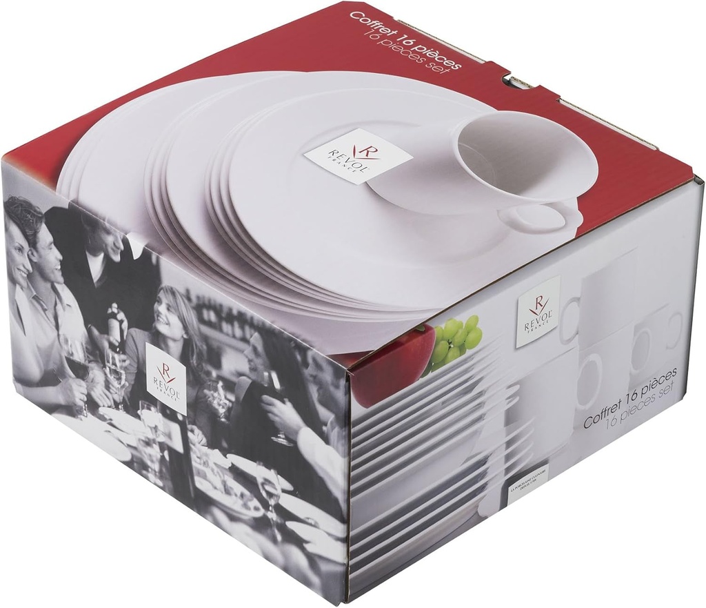 Revol - French Classique - Set of 16 Pieces Dinnerware: Soup Plates, Dessert Plates, Dinner Plates and Mugs - White Porcelain