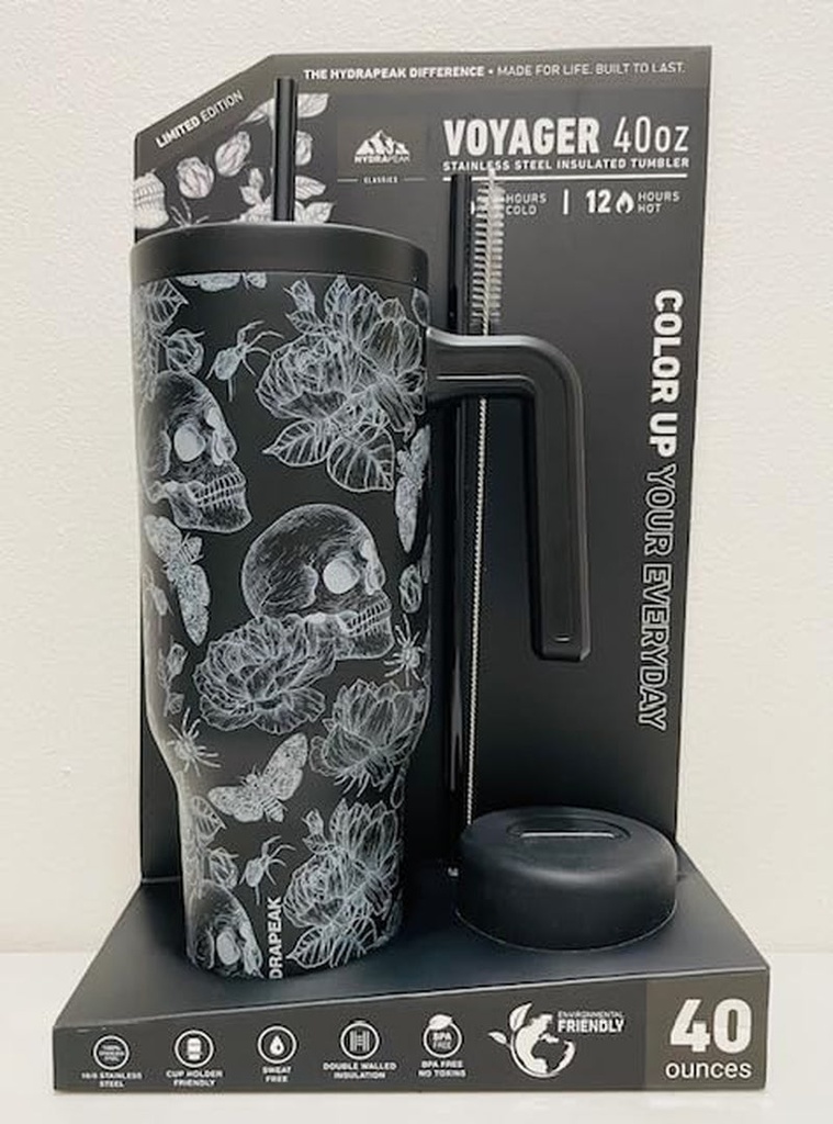 Hydrapeak Voyager Artisan Collection 40 Oz Tumbler (Skull) Straw Lid and Straw, White Skulls, Hp-Voyager-40-Hlw-02-Black (Black)