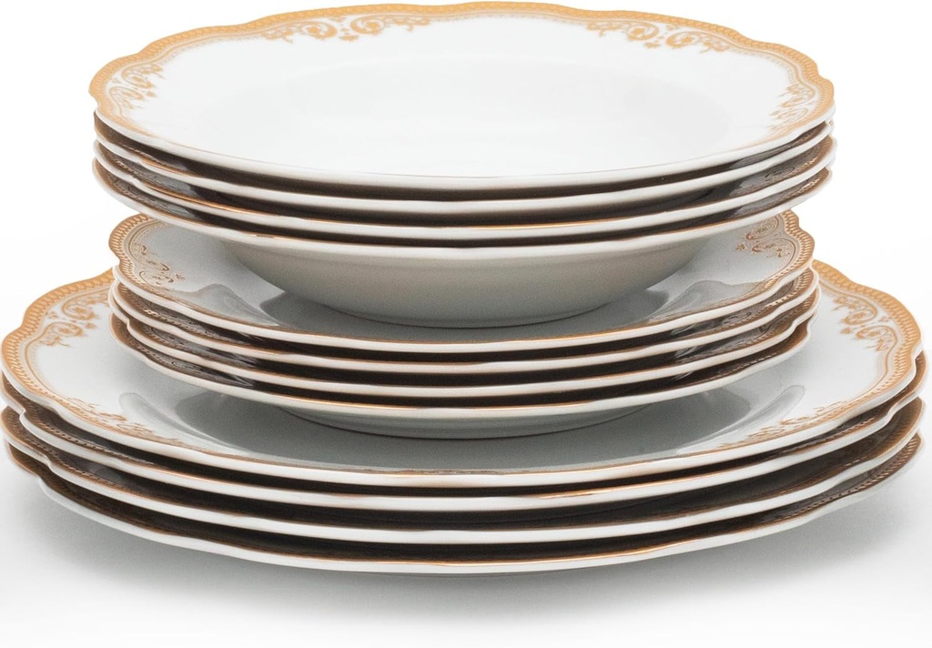 Porcelain Dinnerware Set 20 Piece - Gorgeous Service for 4 - Gold Greek Key Design - Kitchen Plates and Bowls and Cups - Dishes Set for 4 - for Everyday Use or Formal Occasions (Meander Gold 2020)