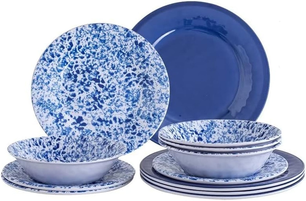 Missyip Melamine Dinnerware Set, 12 Piece Melamine Dishes Service for 4, Floral Plates and Bowls Sets, for Indoor and Outdoor Use, Dishwasher Safe, Lightweight Unbreakable,Bpa Free (Blue)