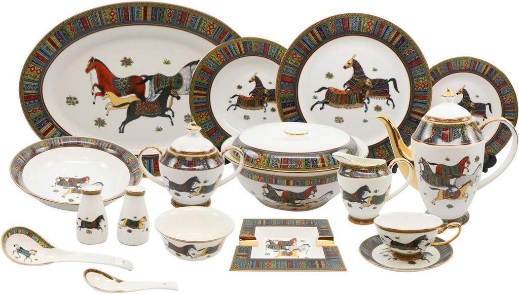 Royalty Porcelain 58 Pc Luxury Greek Horse Cheval Banquet Dinner Set, Premium Bone China