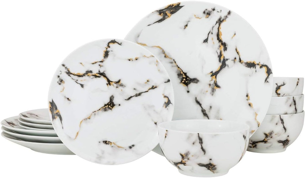 Royalty Porcelain 12-Pc Marble Design Dinner Set 'Quarie', Bone China Porcelain