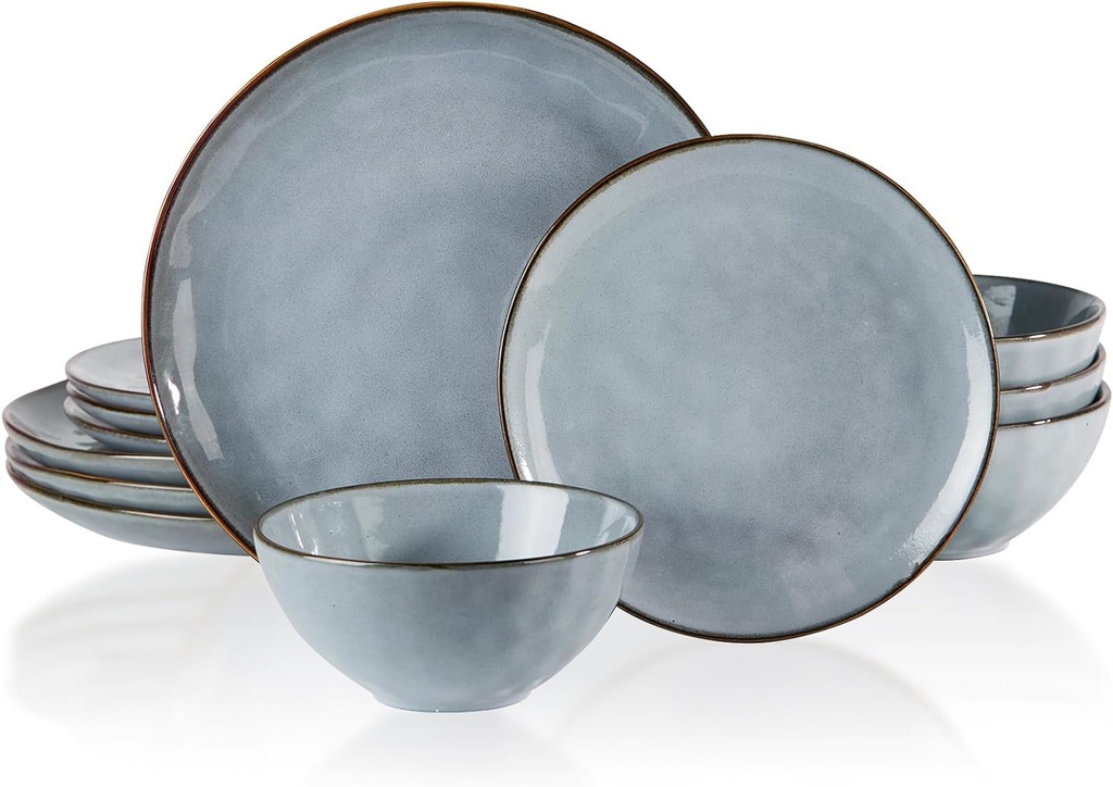 Famiware Dinnerware Sets for 4, Ocean round 12-Piece Kitchen Plates and Bowls Sets, Reactive Glaze, Microwave and Dishwasher Safe, Scratch Resistant, Blue