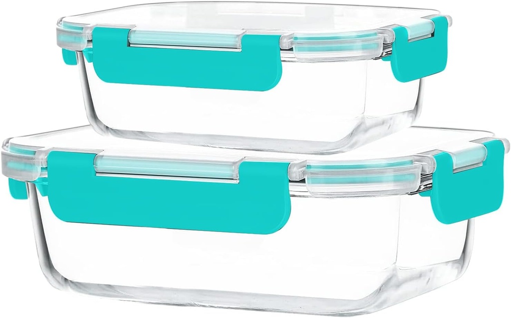 KOMUEE 2 Packs Glass Meal Prep Container, Glass Food Storage Containers with Locking Lids, Airtight Glass Lunch Containers, BPA Free, Microwave, Oven, Freezer & Dishwasher Friendly，Green