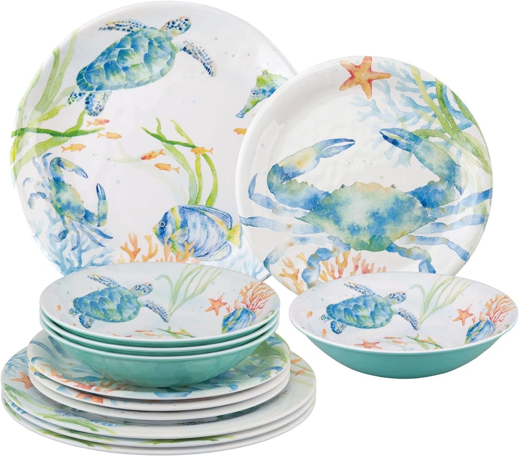 Upware 12-Piece Melamine Dinnerware Set, Includes Dinner Plates, Salad Plates, Bowls, Service for 4 (Sea Life Serenade)