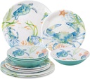 Upware 12-Piece Melamine Dinnerware Set, Includes Dinner Plates, Salad Plates, Bowls, Service for 4 (Sea Life Serenade)
