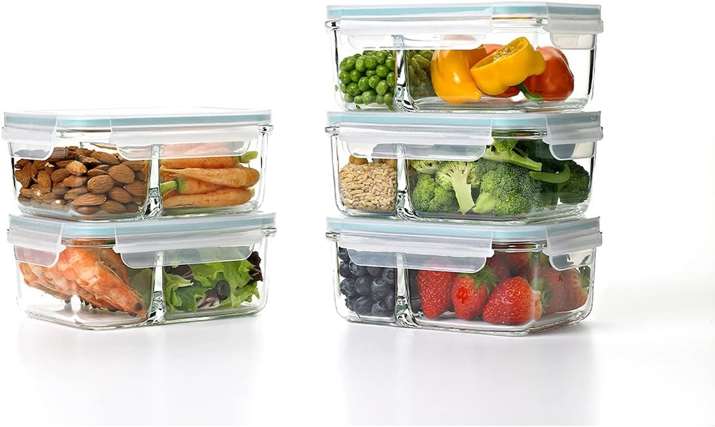 Glasslock Duo 5 Piece Clear Tempered Glass Microwave, Dishwasher, Freezer Safe Divided Food Storage Containers with Snap Close BPA Free Plastic Lids