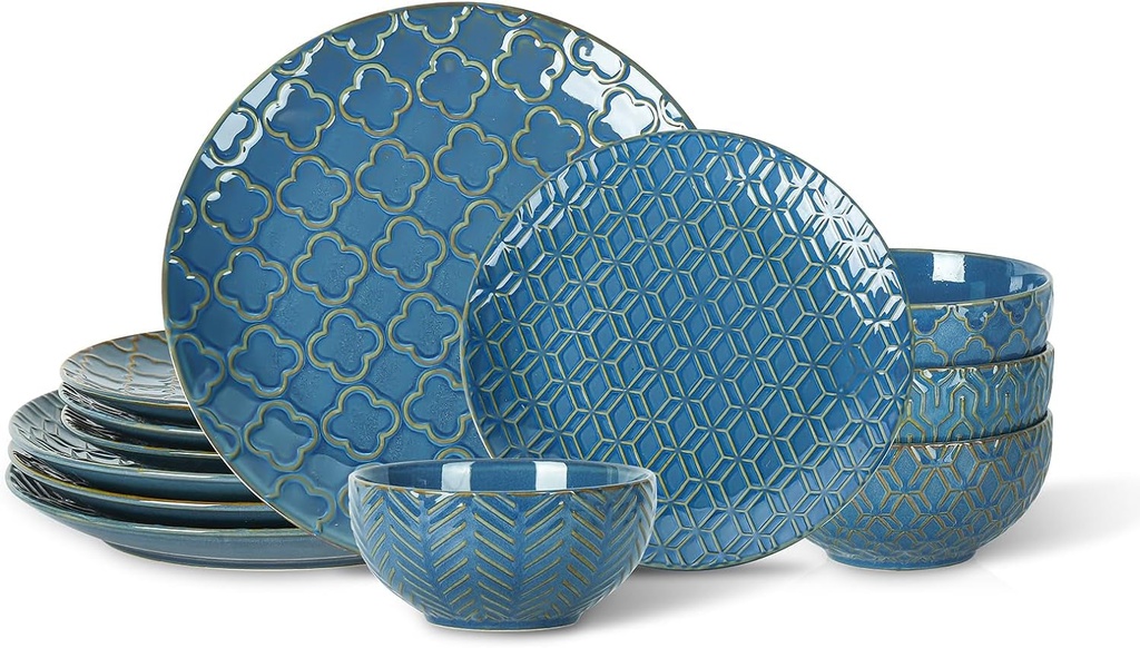Sureasy Dinnerware Sets 12 Pieces, Ceramic Plates and Bowls Sets, Service for 4, with 10'' Dinner Plates, 8.5'' Salad Plates and 5.9'' Cereal Bowls, Dishes Set Dishwasher & Microwave Safe, Blue