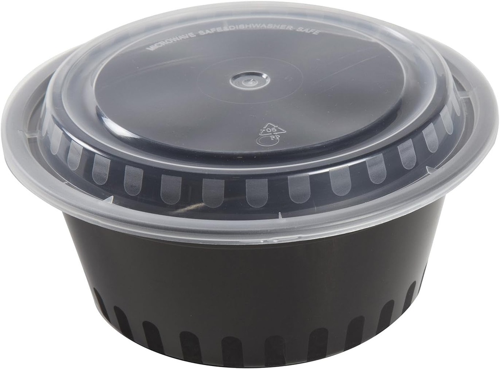 Amercare 7 Inch round Black Plastic Containers with Lids, 38 Ounces for Microwave or Freezer, Pack of 150