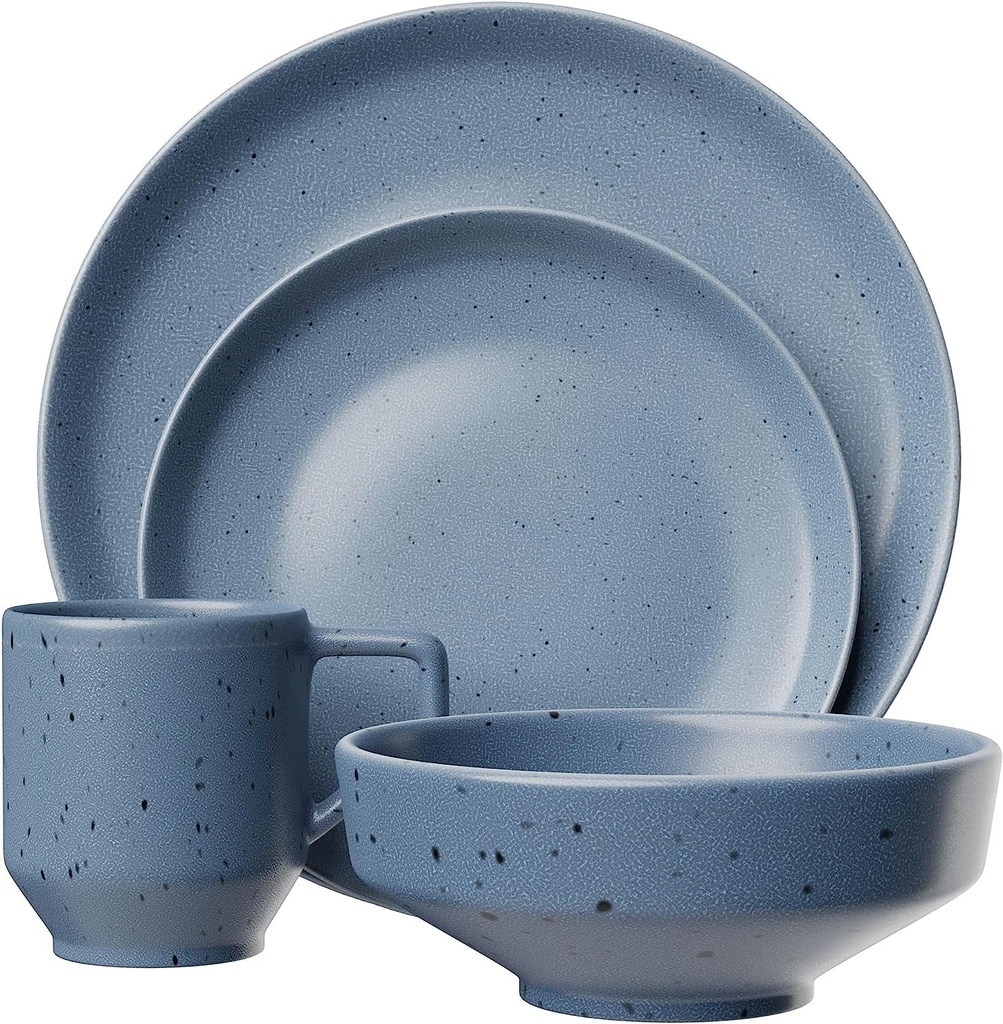 American Atelier Reactive 4-Piece Stoneware Place Setting | Coffee Mug, Bowl, Plate Set | Kitchenware | Stoneware Dinnerware Set | Microwave, Dishwasher Safe | Service for 1 (Blue)