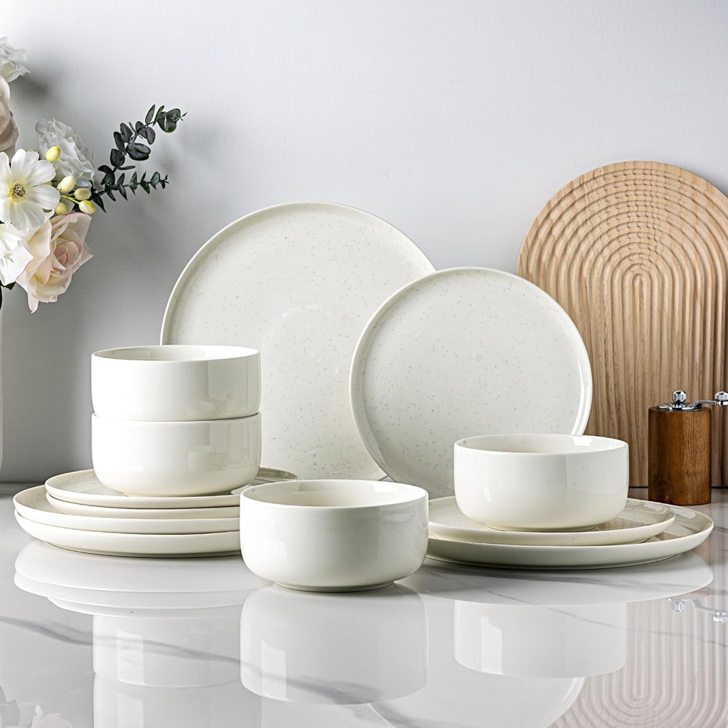 Ceramic Dinnerware Sets of 4,Stoneware Plates and Bowls Sets,Handmade Speckled Reactive Glaze Dishes Set,Scratch Resistant | Oven&Dishwasher & Microwave Safe,Service for 4-Milk White