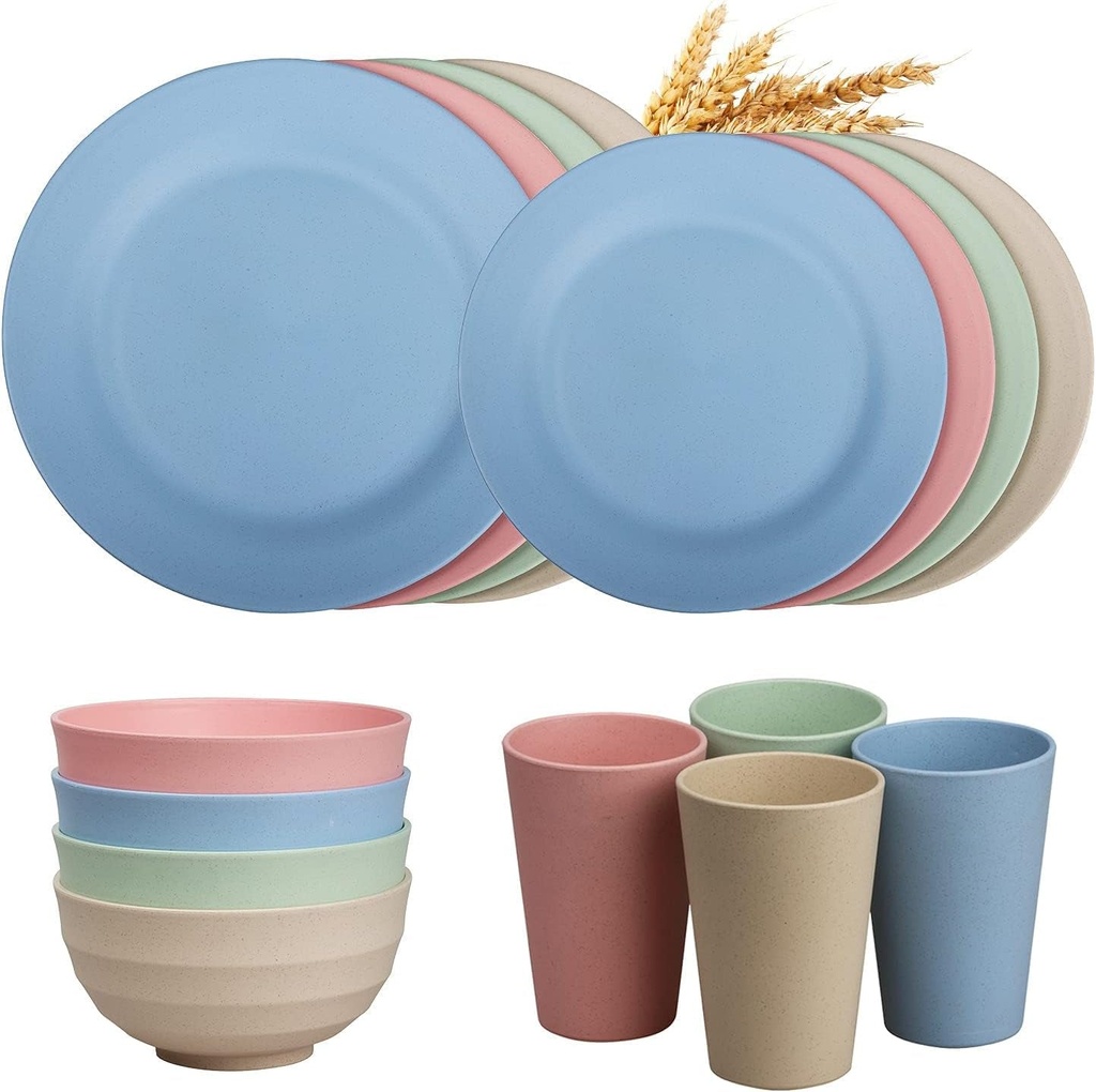 Wheat Straw Dinnerware Sets of 4 - Unbreakable Cups, Camping Plates and Bowls Sets for Home - Lightweight and Microwave Dishwasher Safe Dinnerware Sets (16 Pieces)