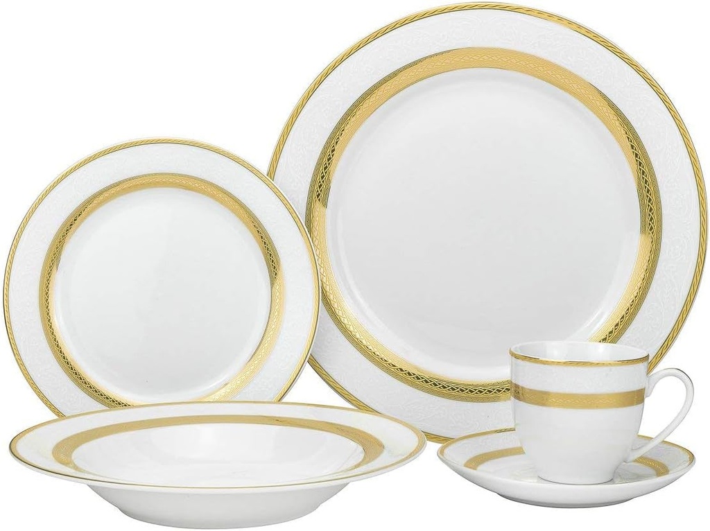 Royalty Porcelain White 20 Pc Dinnerware Set with Gold Celtic Strip, Bone China, White, Gold