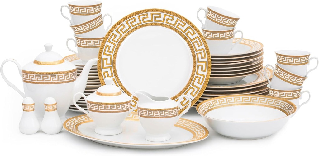 Porcelain Dinnerware Set for 8 - Luxurious 49 Piece Vintage Design - Gold Rimmed Cups, Plates and Bowls Dish Sets - Kitchen Dining Tableware for Gifts, Formal Occasions and Everyday Dishes