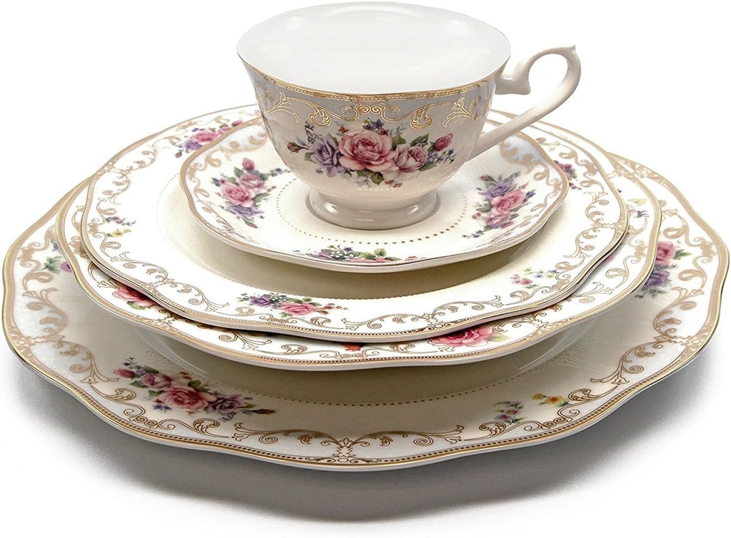 Royalty Porcelain "Romantic Bloom" 5-Piece White and Gold Floral Dinnerware Set, Gold-Plated, Bone China, Service for 1