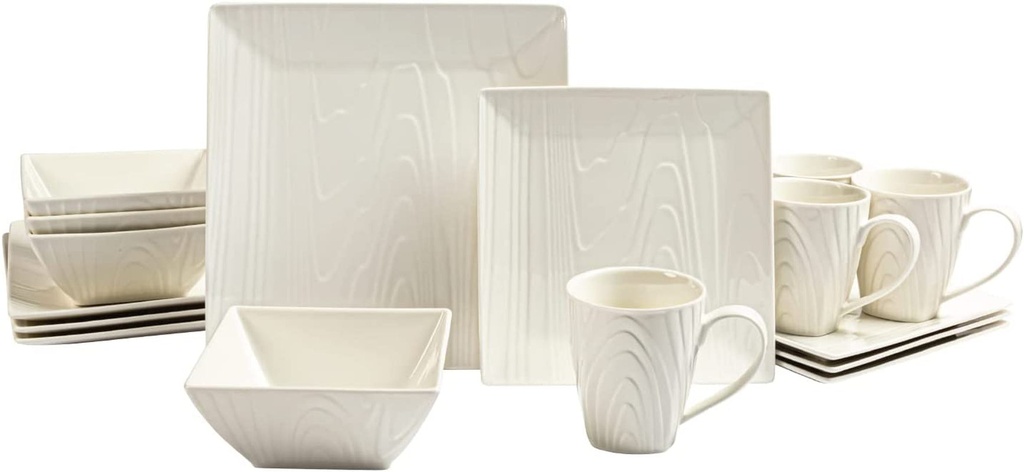 Square Dinnerware Sets, 16Pc Dinnerware Set, Fine Woodgrain Design, Service for 4 Porcelain Dinnerware Sets, Ivory