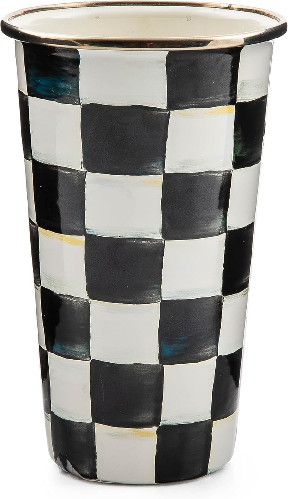 MACKENZIE-CHILDS Enamel Tumbler, Open Tumbler Cup, Cute Enamel Cup, 20 Ounces, Black-And-White Courtly Check