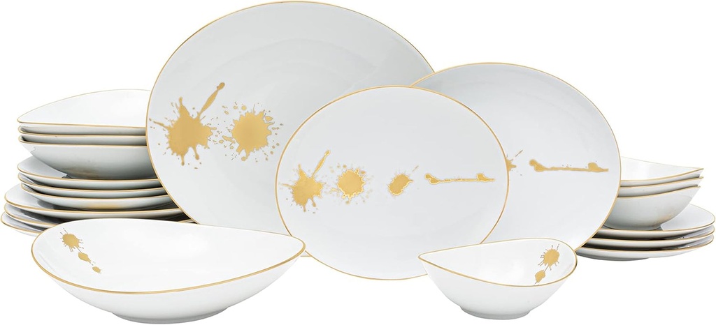 Elegant Dinnerware Set, 20 Piece Fine Porcelain Dinner Service for 4, White with Gold Rim and Splatter Design