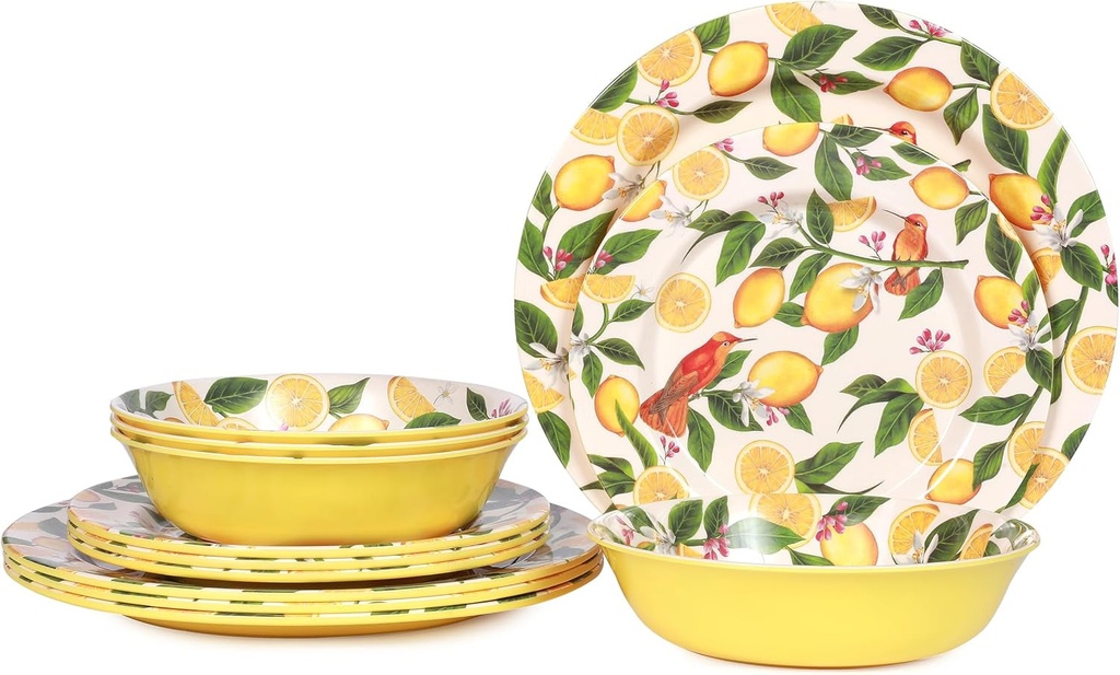 Melamine Dinnerware Sets,12Pcs Plates and Bowls Sets,Plates,Dishes,Bowls,Service for 4, Dishwasher Safe,Indoor and Outdoor Use,Lemon