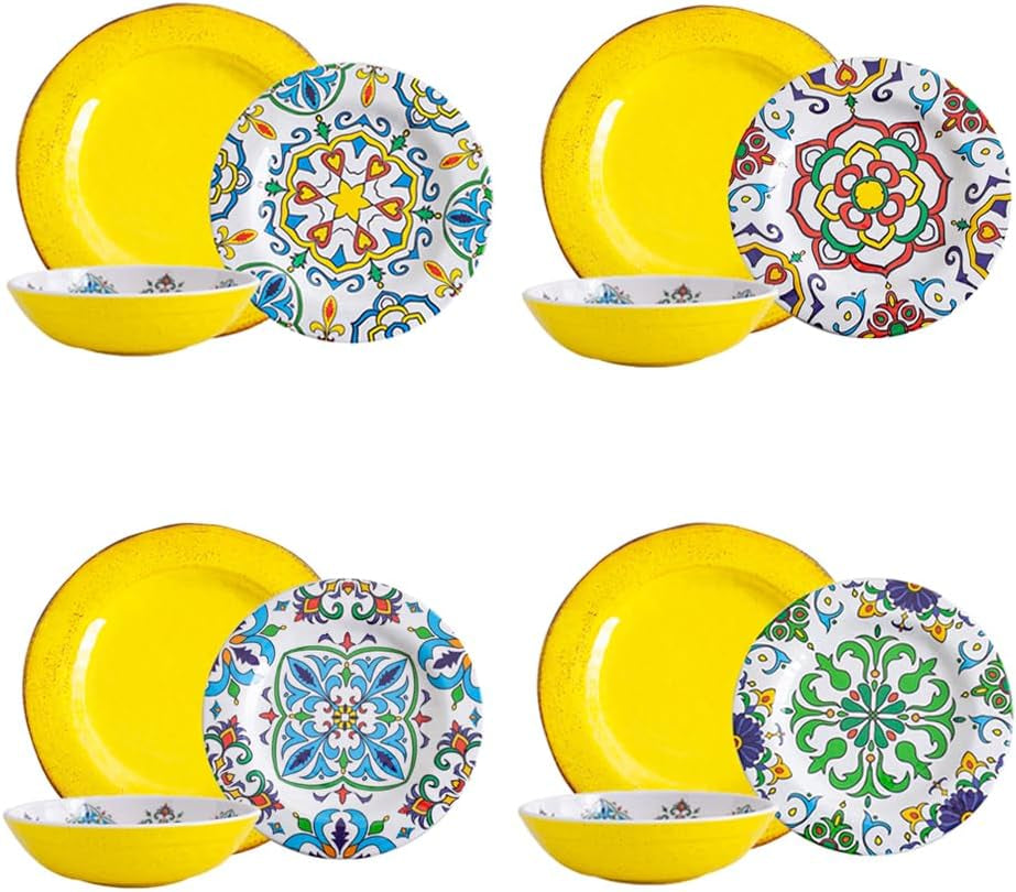 Missyip Melamine Dinnerware Set 12 Pcs Durable Dishware Colorful Plate Bowl Set Dishwasher Safe Shatter Proof Chip Resistant Not Microware Not Oven (Multicolor)