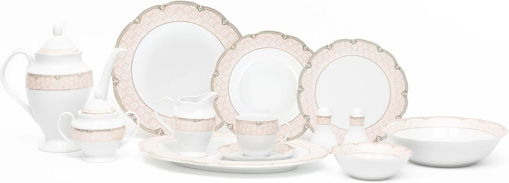 Dinnerware Sets for 8 - Vintage Antique Gold 57 Piece Pink and White with Floral Pattern Fine Porcelain Dish Set for Everyday Use or Formal Occasions