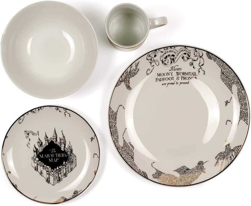 Harry Potter Marauder'S Map Porcelain 4 Piece Place Setting - Gold Marauders Map Design - Includes 1 Dinner Plate, 1 Salad Plate, 1 Bowl and 1 Mug - Great Gift for Any Harry Potter Fan