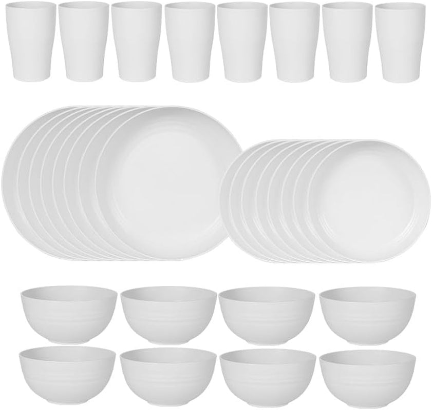 Wheat Straw Dinnerware Sets for 8 Person，Eco-Friendly、Unbreakable，Degradabl Wheat Straw Plates、Cups、Bowls and Saucers Sets, Total 32 Pcs，Travel Camping Set，Dishwasher and Microwave Safe（White）