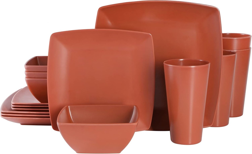 Gibson Home Soho Grayson Square Melamine Dinnerware Set, Service for Four (16Pcs), Red