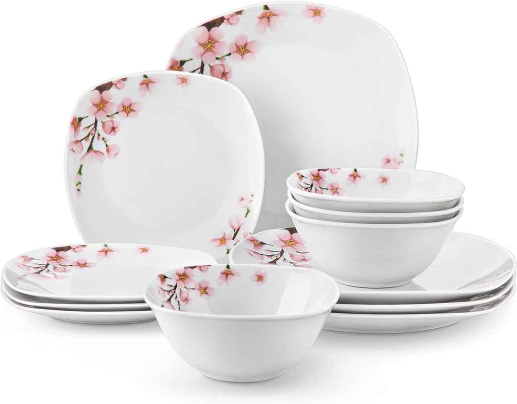 VEWEET Plates and Bowls Sets for 4, Porcelain Dinnerware Sets with Pink Floral, 12 PCS Dish Set Including Dinner Plates, Dessert Plates and Cereal Bowls, Series Annie