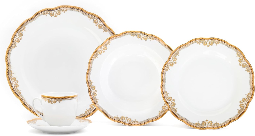 Royalty Porcelain 20 Pc Dinnerware Set with Gold Floral Ornament, Bone China, Gold, White