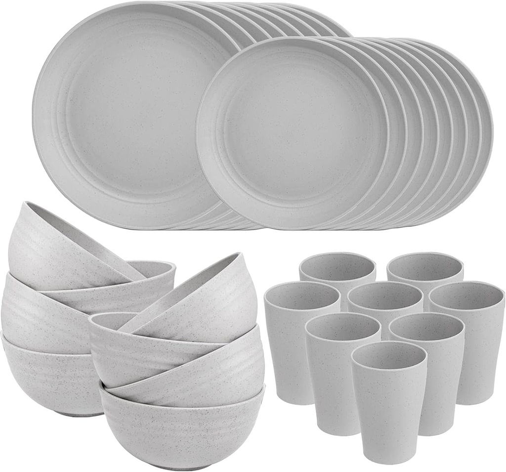 Supernal 32Pcs Wheat Straw Dinnerware Sets,Dinnerware Sets for 8,Plates and Bowls Sets,Reusable Tableware,Grey Dish Set 16Pcs Plates, 8Pcs Bowls, 8Pcs Cups,Microwave Dishwasher Safe.