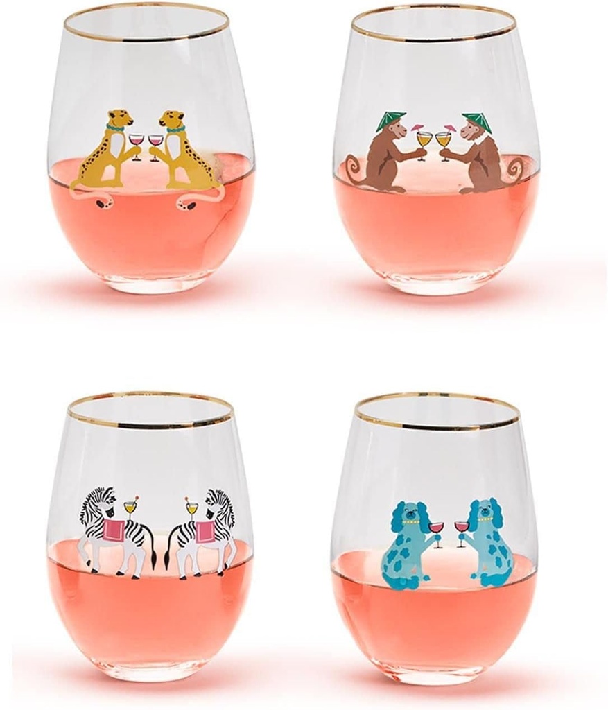 Two'S Company Animal Party Set of 4 Stemless Wine Glasses