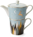 Portmeirion Sara Miller London Tea for One | 12 Oz Frosted Pines Blue Teapot and Mug Set| for Tea, Coffee and Matcha | Made of Fine China | Handwash Only