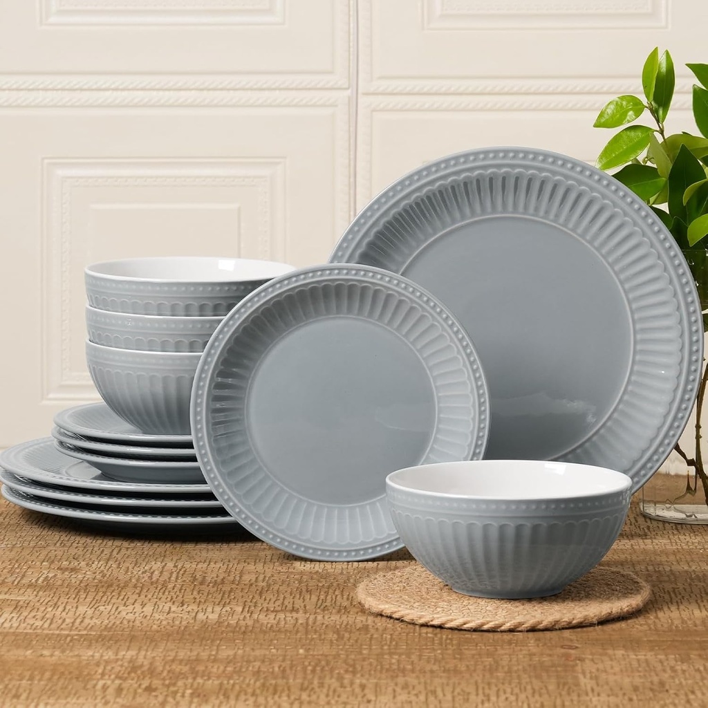 Famiware Garden Plates and Bowls Sets, 12-Piece Dishes Set for 4, Scratch Resistant Kitchen Dishes Dinnerware Set - Microwave and Dishwasher Safe, Reactive Glaze and Embossed Stoneware, Bluish Grey