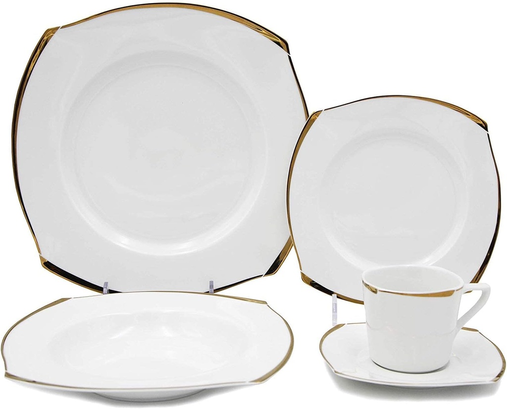 Royalty Porcelain Fancy Square Design 20-Pc Dinnerware Set 'Golden Wave', Premium Porcelain