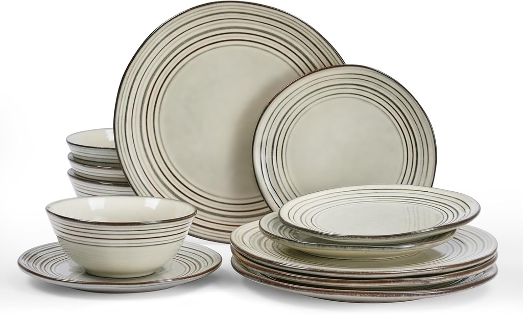 Famiware Plates and Bowls Sets 12-Piece Stoneware Dinnerware Sets, Dishes Set for 4, Kitchen Dishware Dish Set, Twilight Series, Terre-Verte