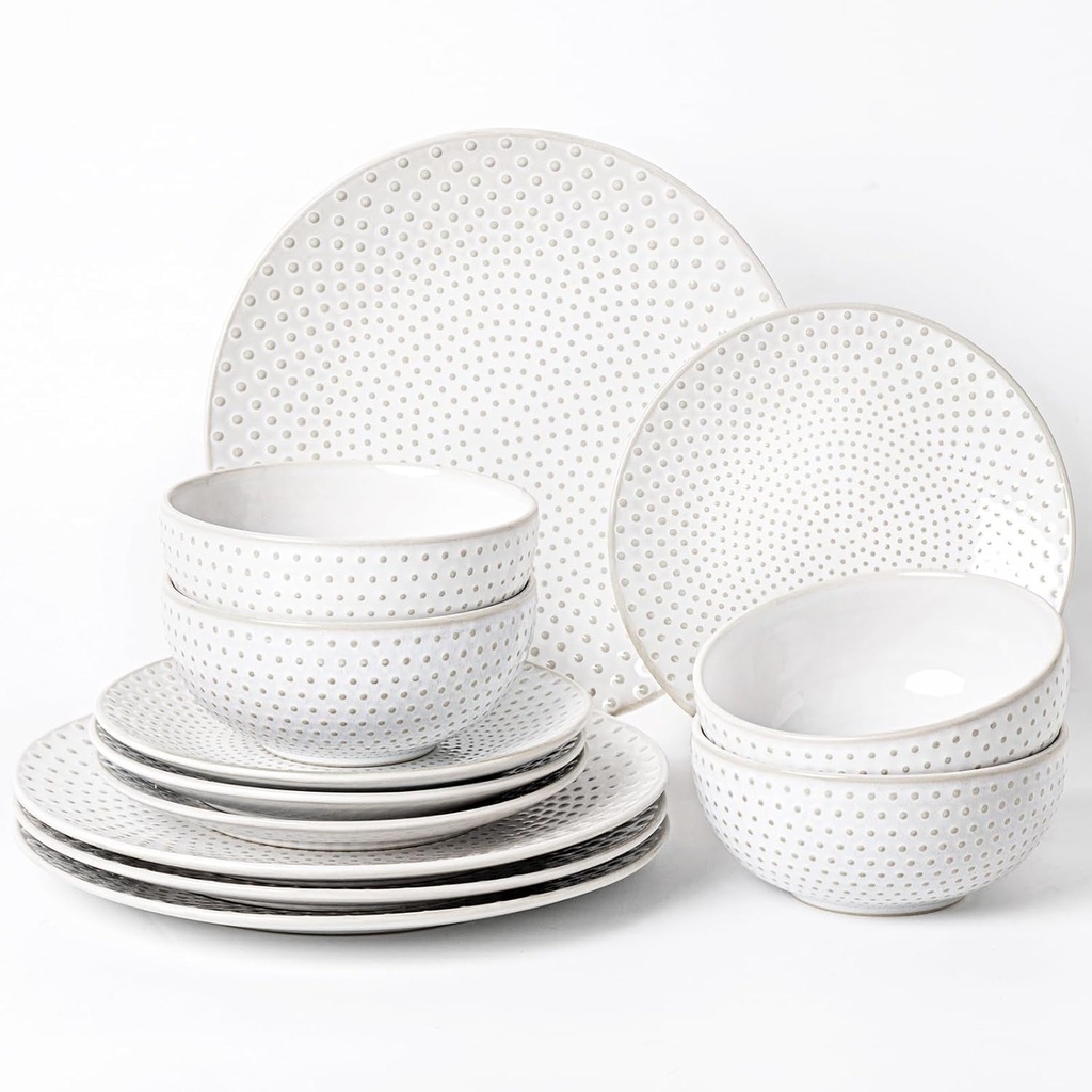 Stoneware Plates and Bowls Sets, Embossment Ceramic Dish Set for 4, 12 Piece Ease of Cleaning Dinnerware Sets, Dishware Safe Scratch Resistance Dishes, Light Blue-Gray