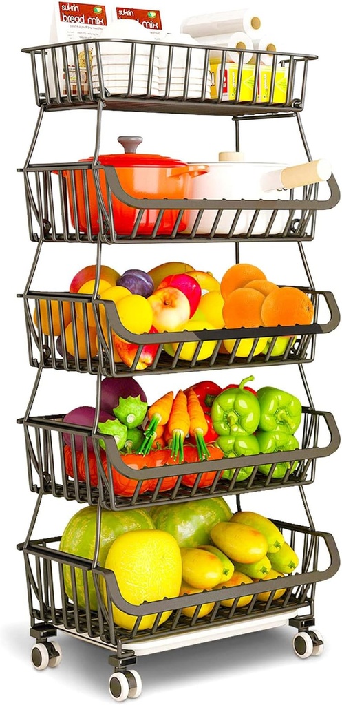 DINEST Modern 5 Tier Fruit Vegetable Storage Basket with Rolling Wheels - Dining Table and Kitchen Counter Organizer - Creative Fruit Basket Stand Made of Iron - Perfect for Pantry Bathroom Laundry