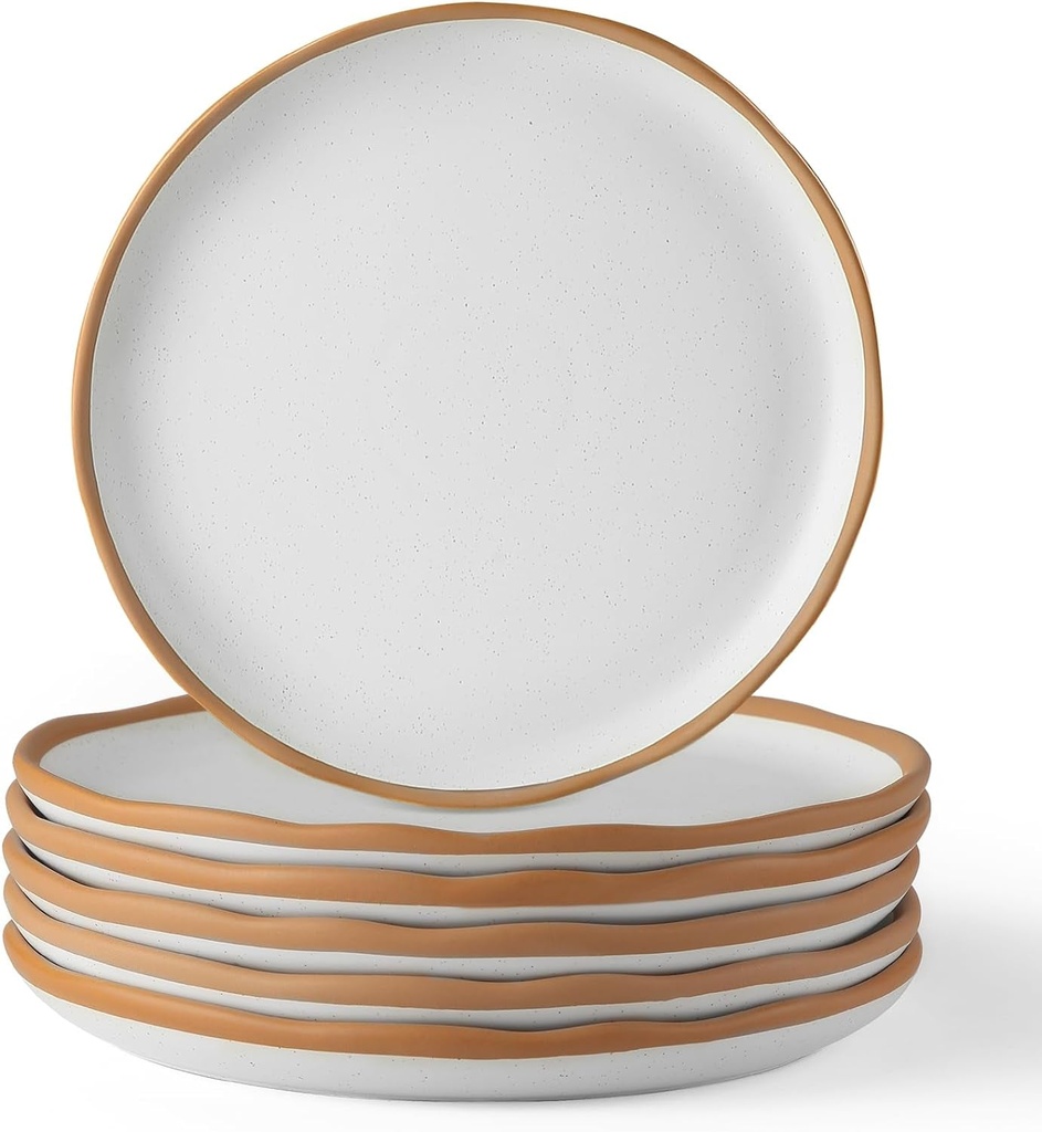 Lareina Ceramic Dinner Plates Set of 6, 10 Inch Stoneware Dish Set with Wavy Rim Specks, Modern Rustic Dinnerware Plate Set Kitchen Porcelain Serving Dishes, Matte Vanilla White