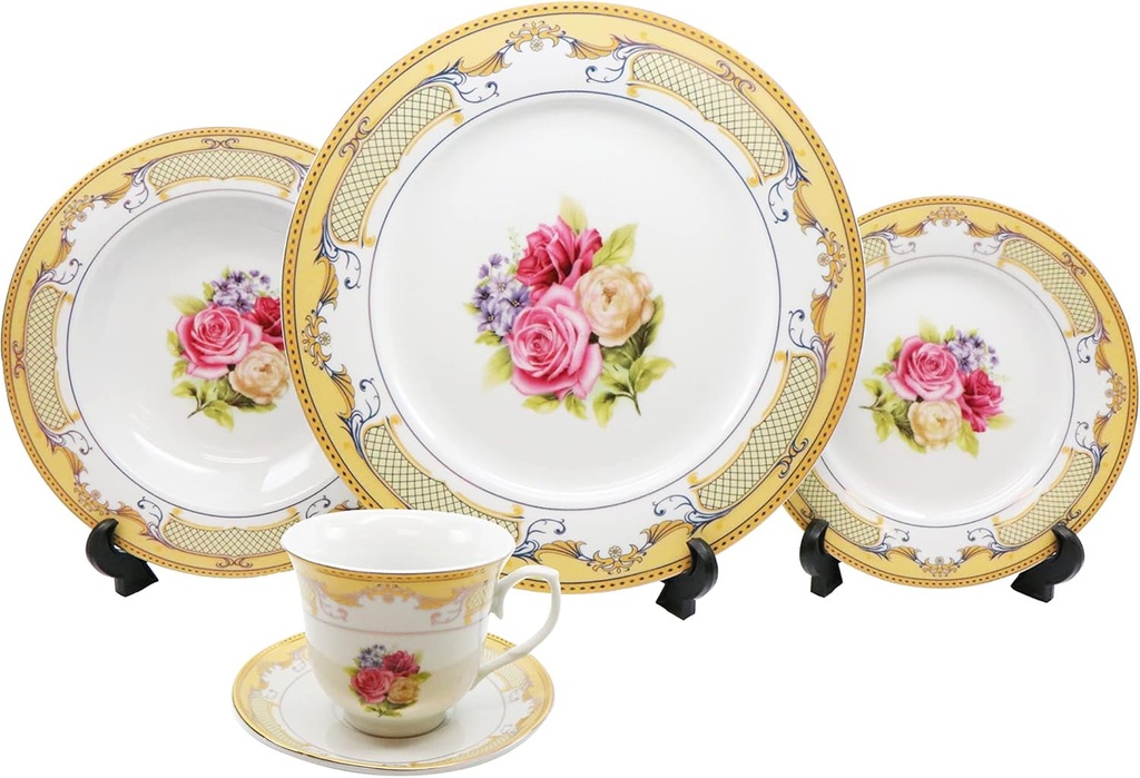 Royalty Porcelain 20-Pc Dinner Set 'Pale Roses', Gold Plated Vintage Flower, Premium Dinnerware