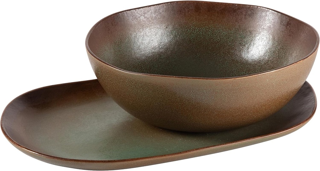 Oprah'S Favorite Things - Palermo Sun 2 Piece Serving Bowl and Oval Platter Stoneware Reactive Glaze Serveware Set - Cardamom Green